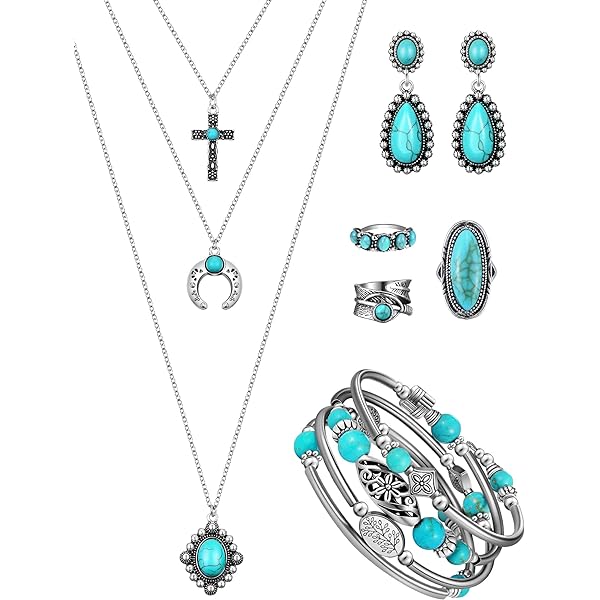 6 Pcs Bohemian Western Jewelry for Women Turquoise Set Bohemian Pendant Long Choker Faux Leather Layered Bracelets Vintage Turquoise Dangle Earrings Gemstone Ring Boho Turquoise Jewelry Set