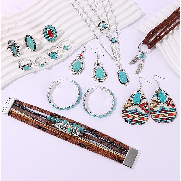 16 Pieces Western Jewelry For Women Bohemian Turquoise Jewelry Set Turquoise Boho Multi-layer Pendant Necklace Turquoise Faux Leather Cuff Bracelet Turquoise Hoop Dangle Earrings Turquoise Joint Knuckle Rings mixcolor