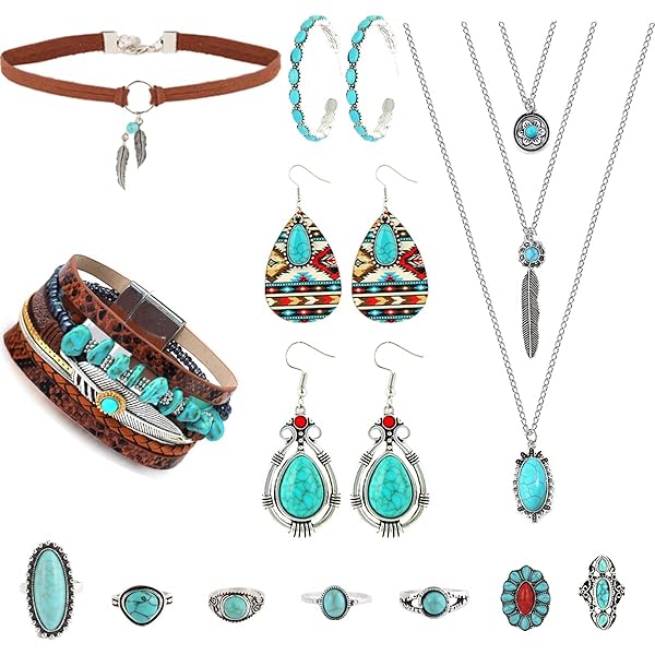 16 Pieces Western Jewelry For Women Bohemian Turquoise Jewelry Set Turquoise Boho Multi-layer Pendant Necklace Turquoise Faux Leather Cuff Bracelet Turquoise Hoop Dangle Earrings Turquoise Joint Knuckle Rings mixcolor