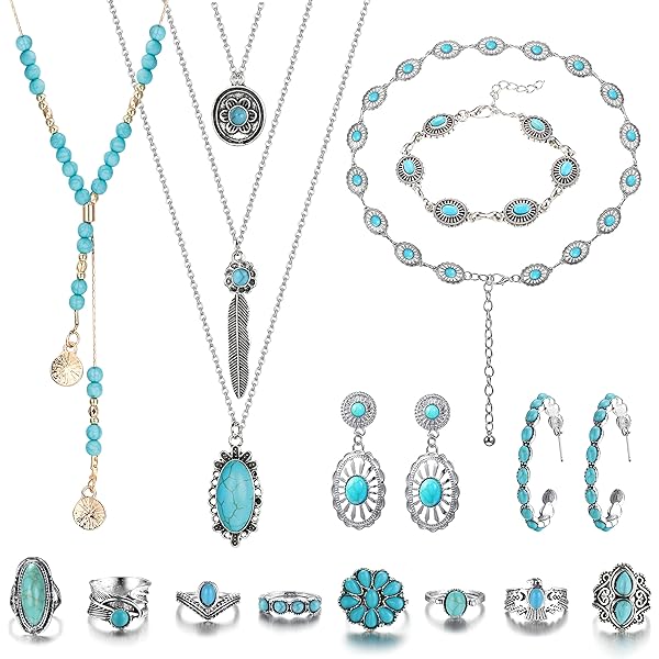 14 Pcs Bohemian Turquoise Jewelry for Women Men Western Turquoise Set Western Adjustable Belt Rings and Necklace Vintage Turquoise Drop Earrings Bracelet Western Boho Turquoise Jewelry for Women