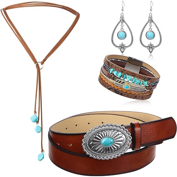 4 Pcs Bohemian Turquoise Jewelry Set, Turquoise Necklace, Vintage Turquoise Dangle Earrings and Bracelet, Western Adjustable Belt Boho Jewelry for Women Fresh Style