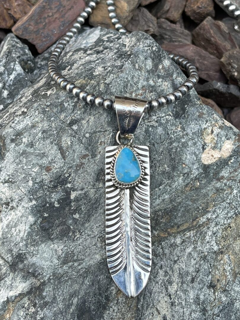 Handmade Sterling Silver Turquoise Feather Pendant