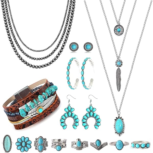 14 Pcs CASDAN Western Jewelry For Women Bohemian Turquoise Jewelry Set Navajo Pearl Choker Necklace Turquoise Faux Leather Cuff Bracelet Turquoise Hoop Dangle Earrings Turquoise Joint Knuckle Rings Western Jewelry Set