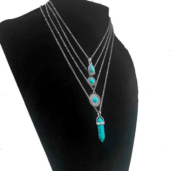 4 PCS Silver Turquoise Layered Necklaces for Women Girls 4PCS