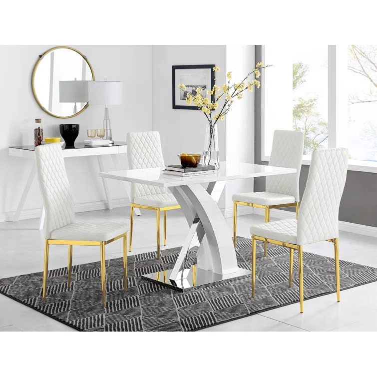 White High Gloss Dining Table Set with 4 Luxury Faux Leather Dining