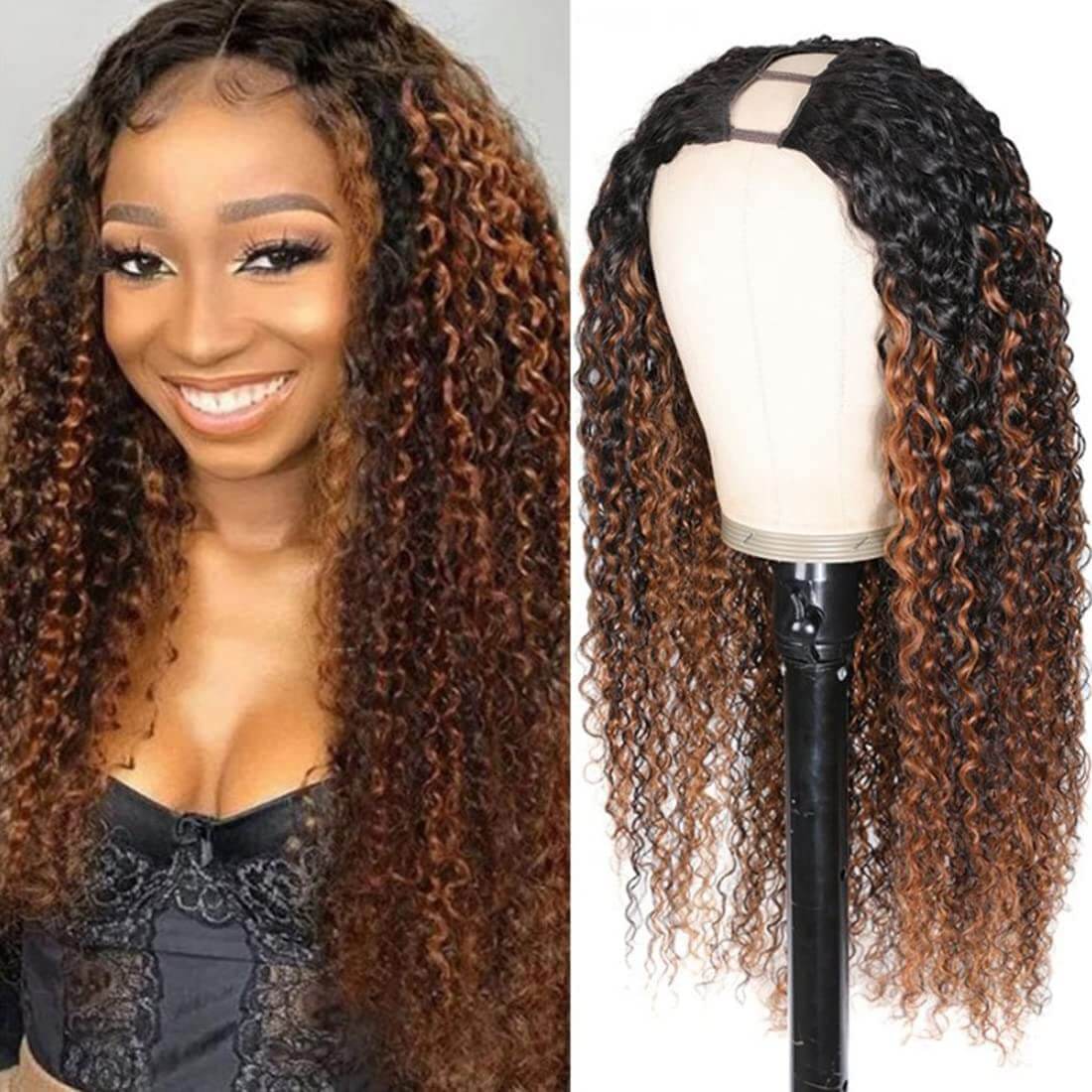 U Part Ombre Brown Curly Wig Highlight Glueless Upart Wigs for Black