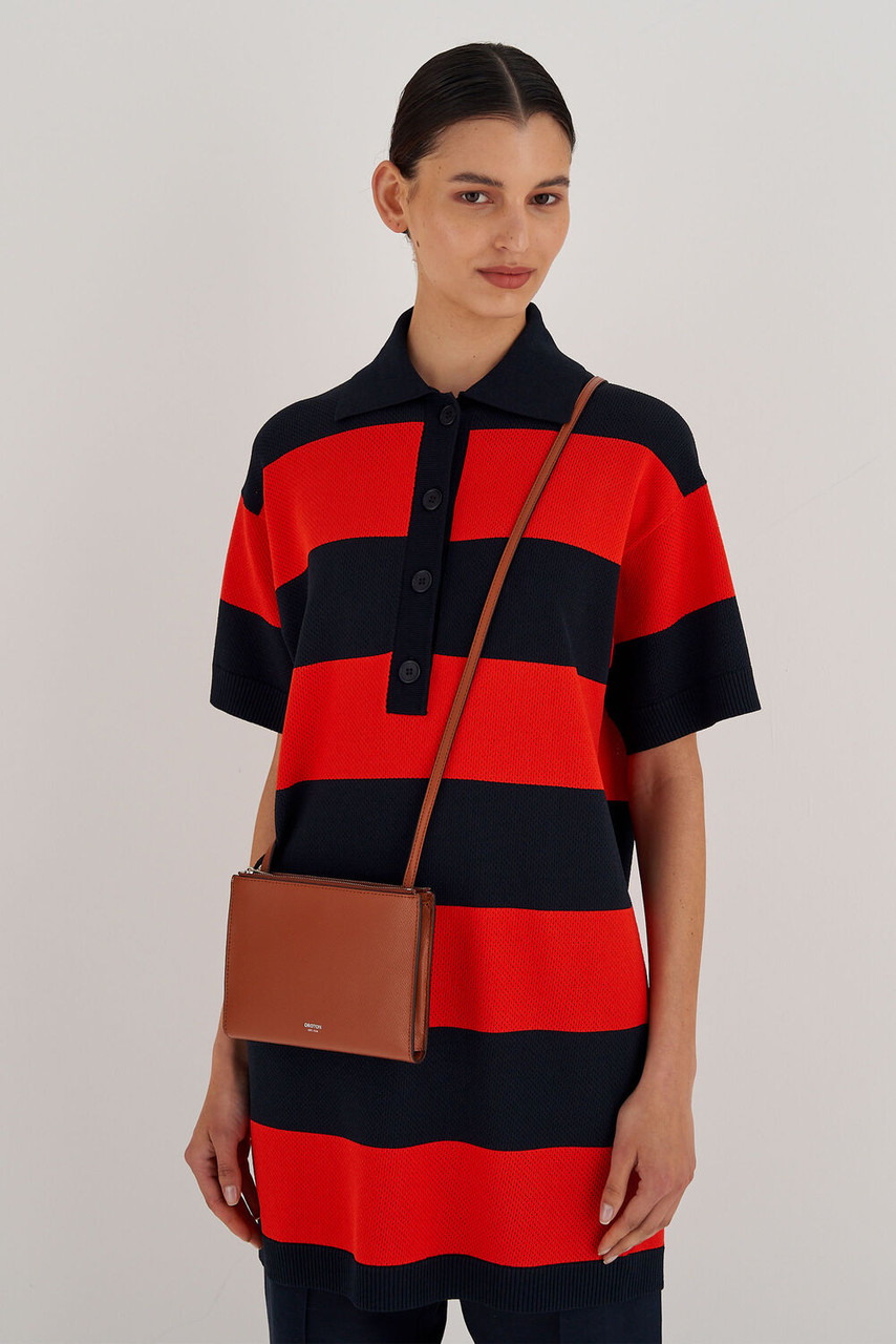 Oroton Muse Cognac Double Zip Crossbody Bag