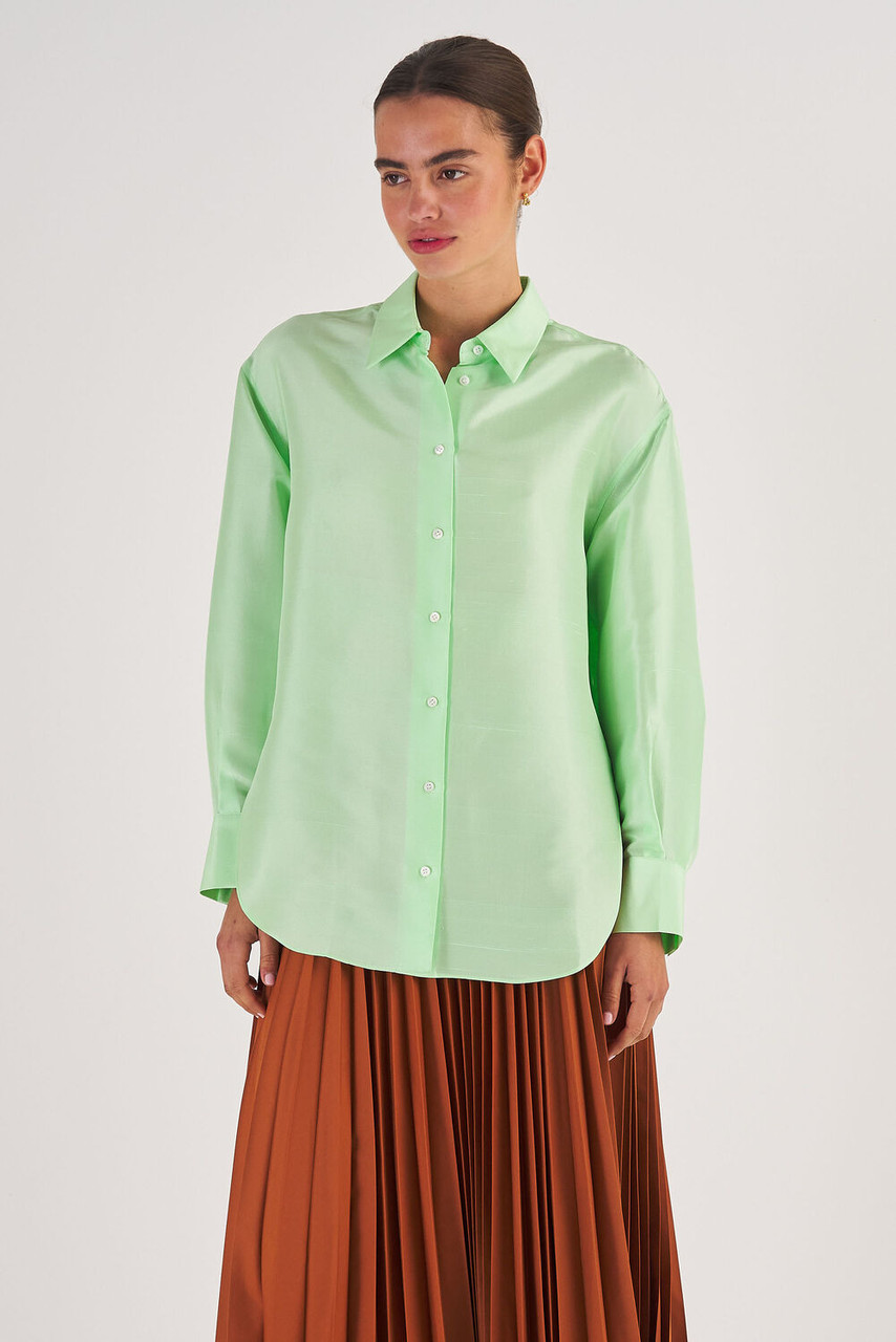 Oroton Silk Long Sleeve Shirt Pear