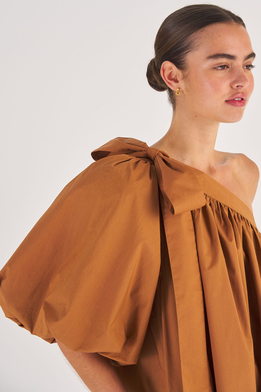 Oroton One Shoulder Gathered Dress Brandy