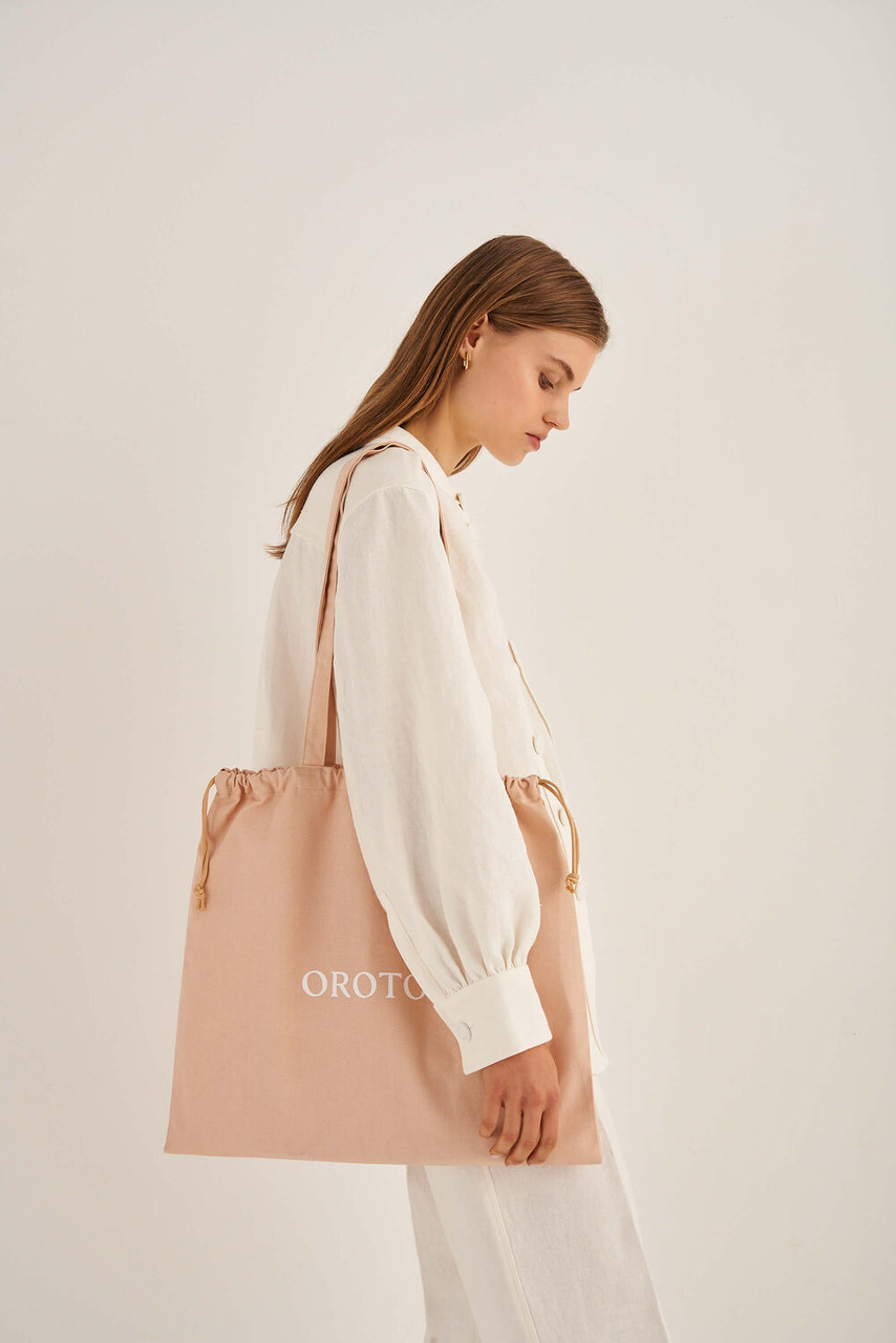 Oroton Logo Straw Canvas Drawstring Tote Bag