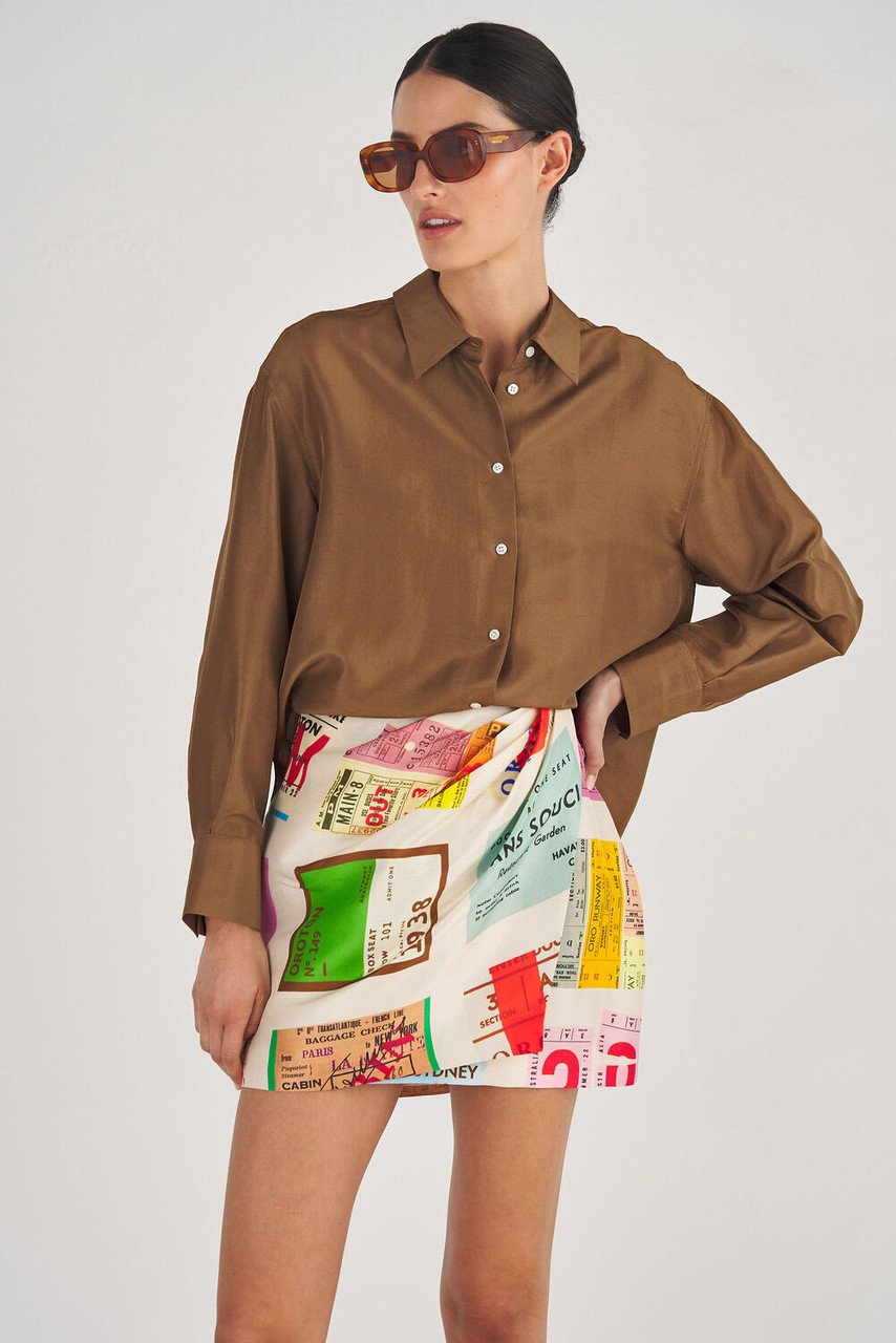 Oroton Silk Long Sleeve Shirt Dark Chocolate