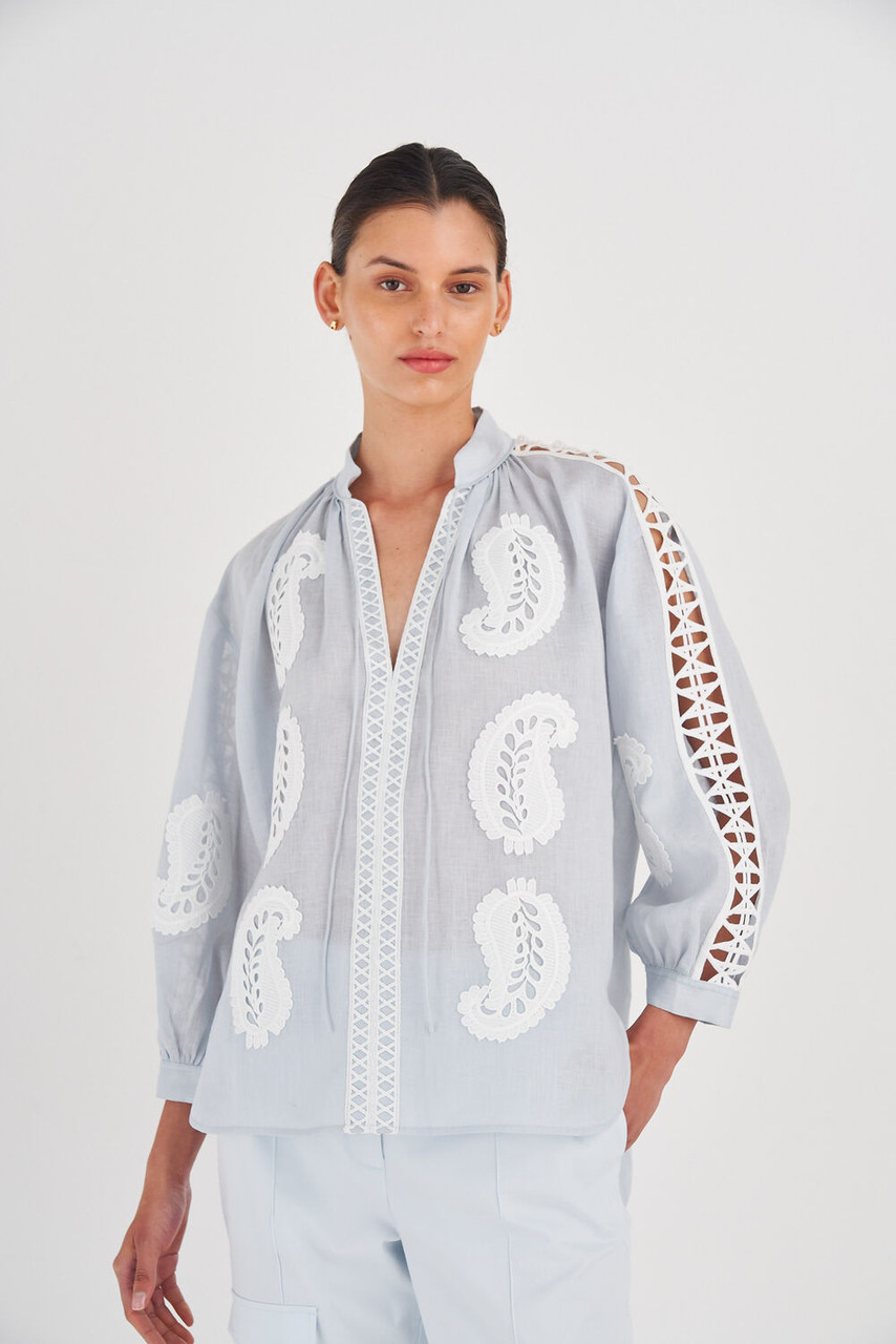 Oroton Paisley Lace Detail Shirt Sea Glass