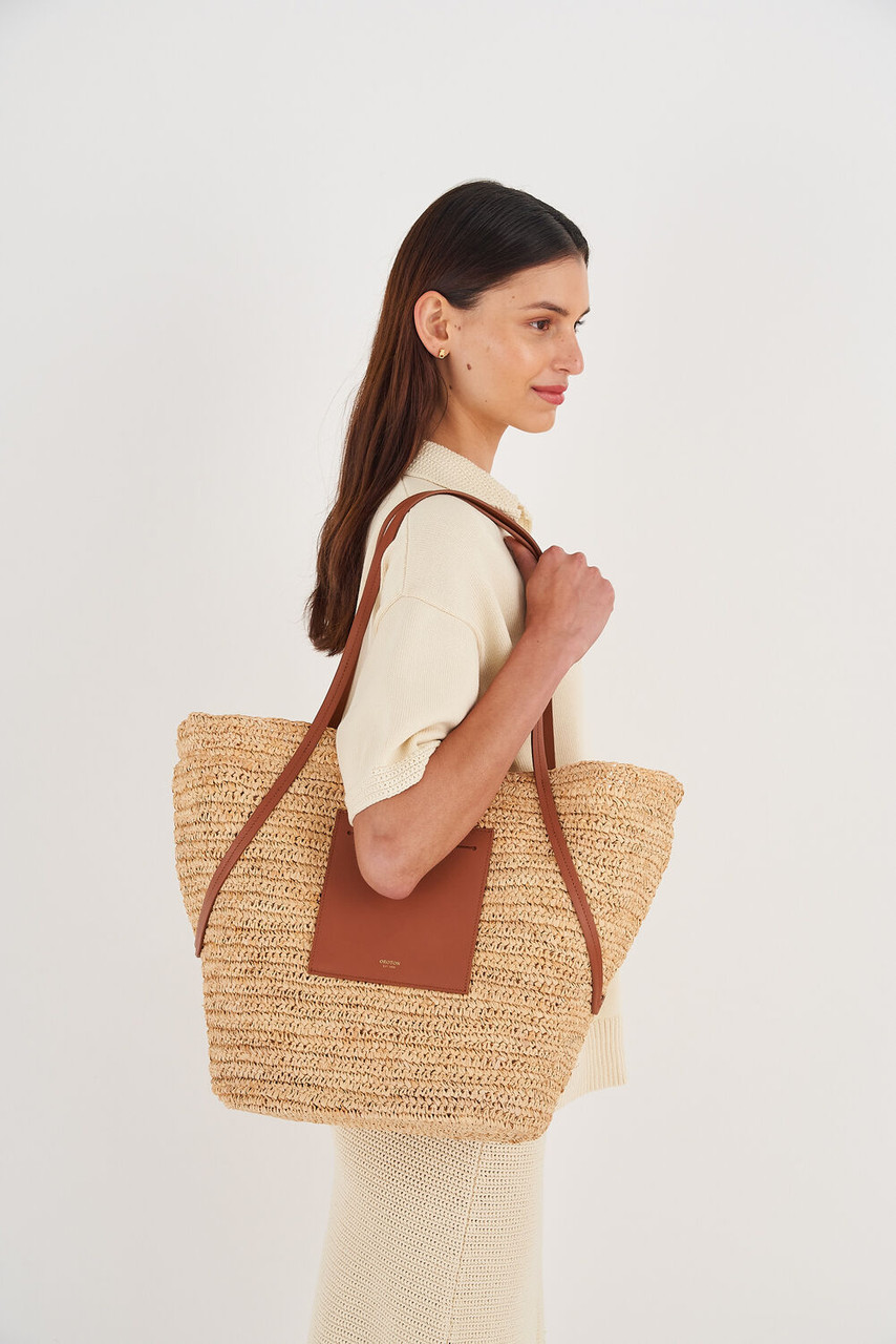 Oroton Jensen Natural-Brandy Straw Tote