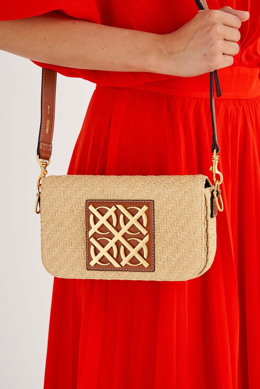 Oroton Lane Natural/Brandy Texture Small Baguette