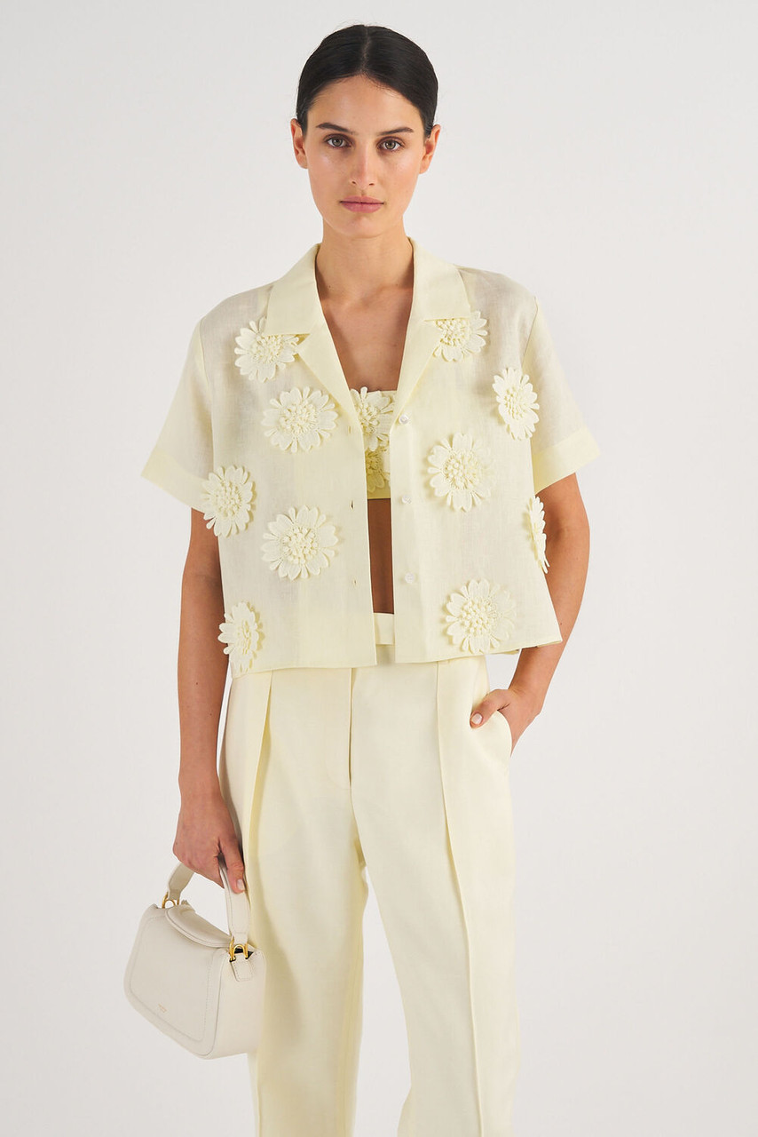 Oroton Crop Lace Poppy Camp Shirt Lemon Butter