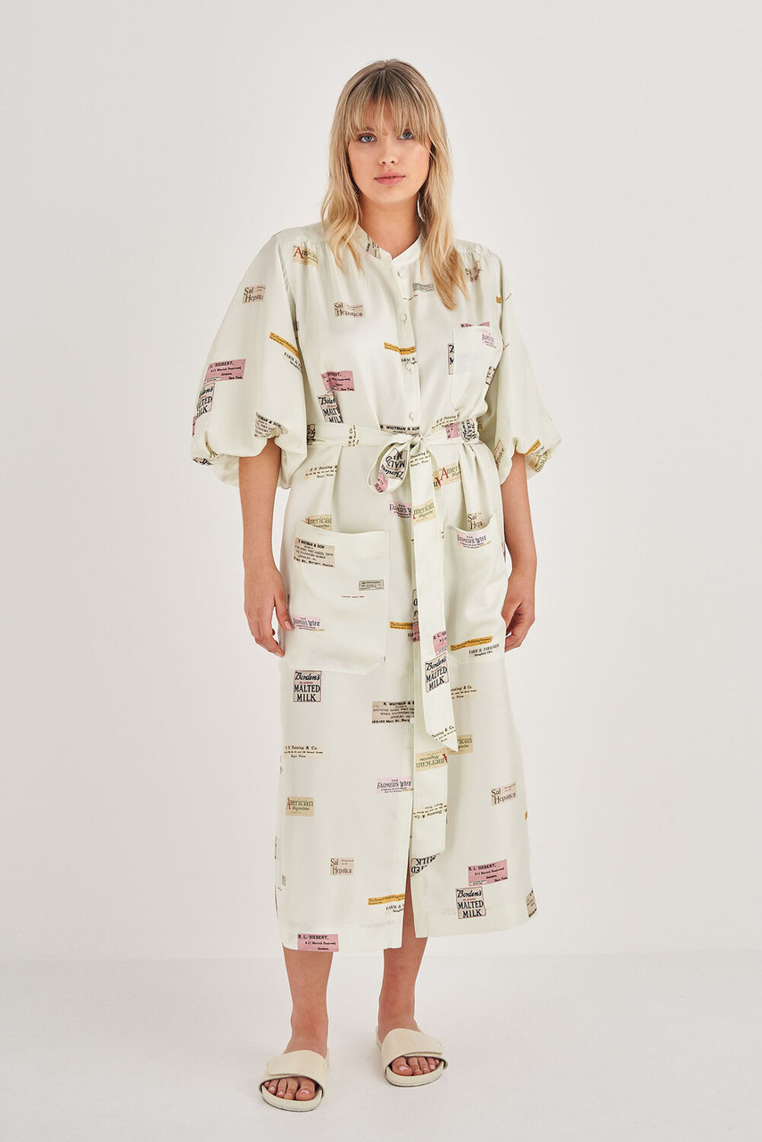 Oroton Short Sleeve Label Print Dress Soft Cream