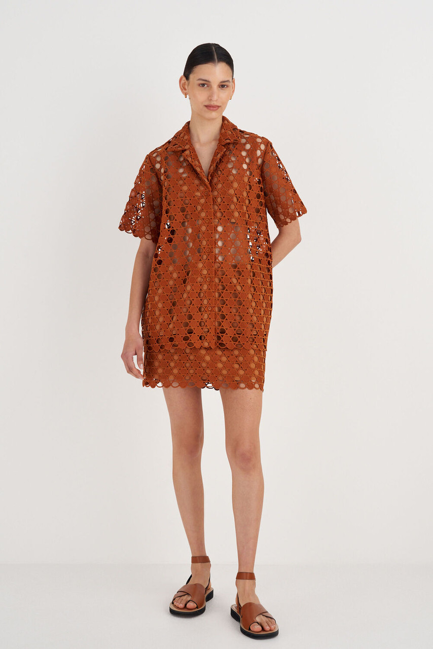 Oroton Short Sleeve Lace Over Shirt Tan