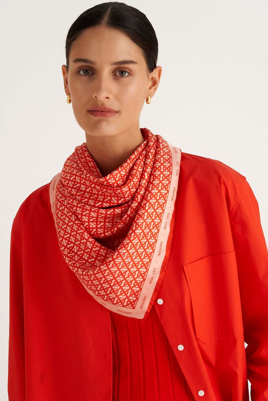 Oroton Red/Sherbert Large All Over Logo Silk Scarf