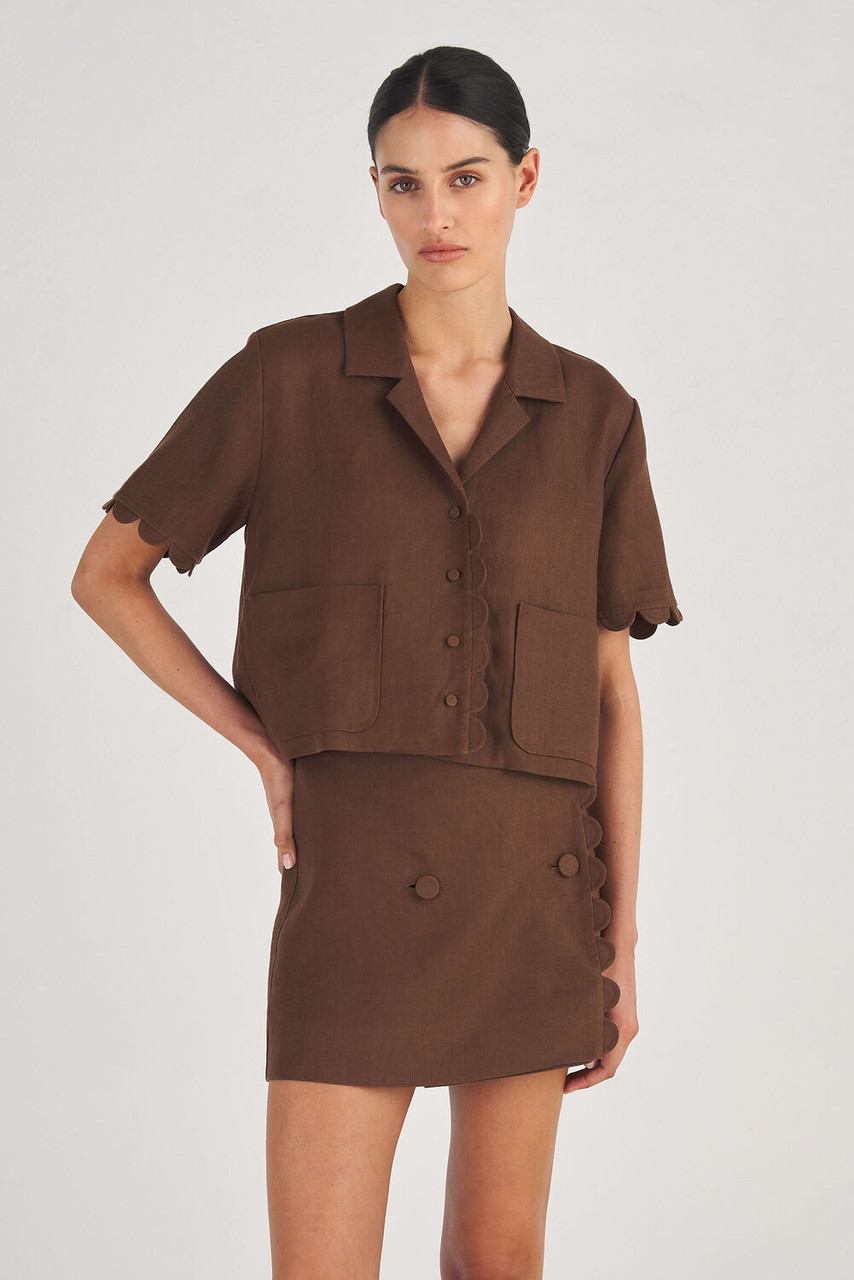 Oroton Cropped Scallop Camp Shirt Dark Chocolate