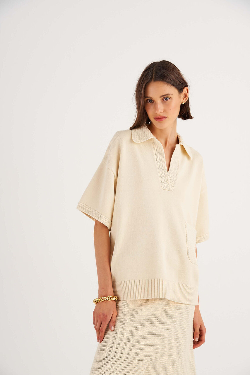 Oroton Vanilla Bean Crochet Trim Polo