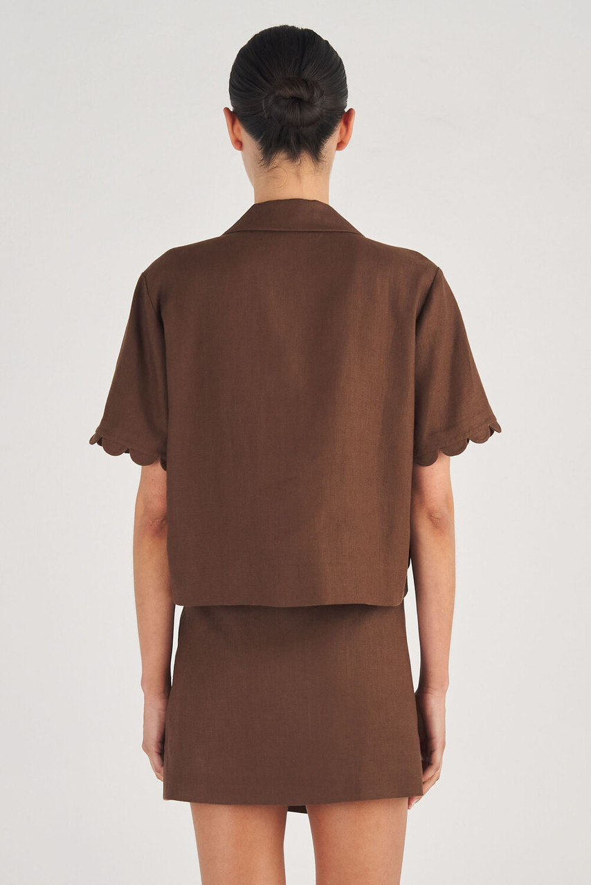 Oroton Cropped Scallop Camp Shirt Dark Chocolate