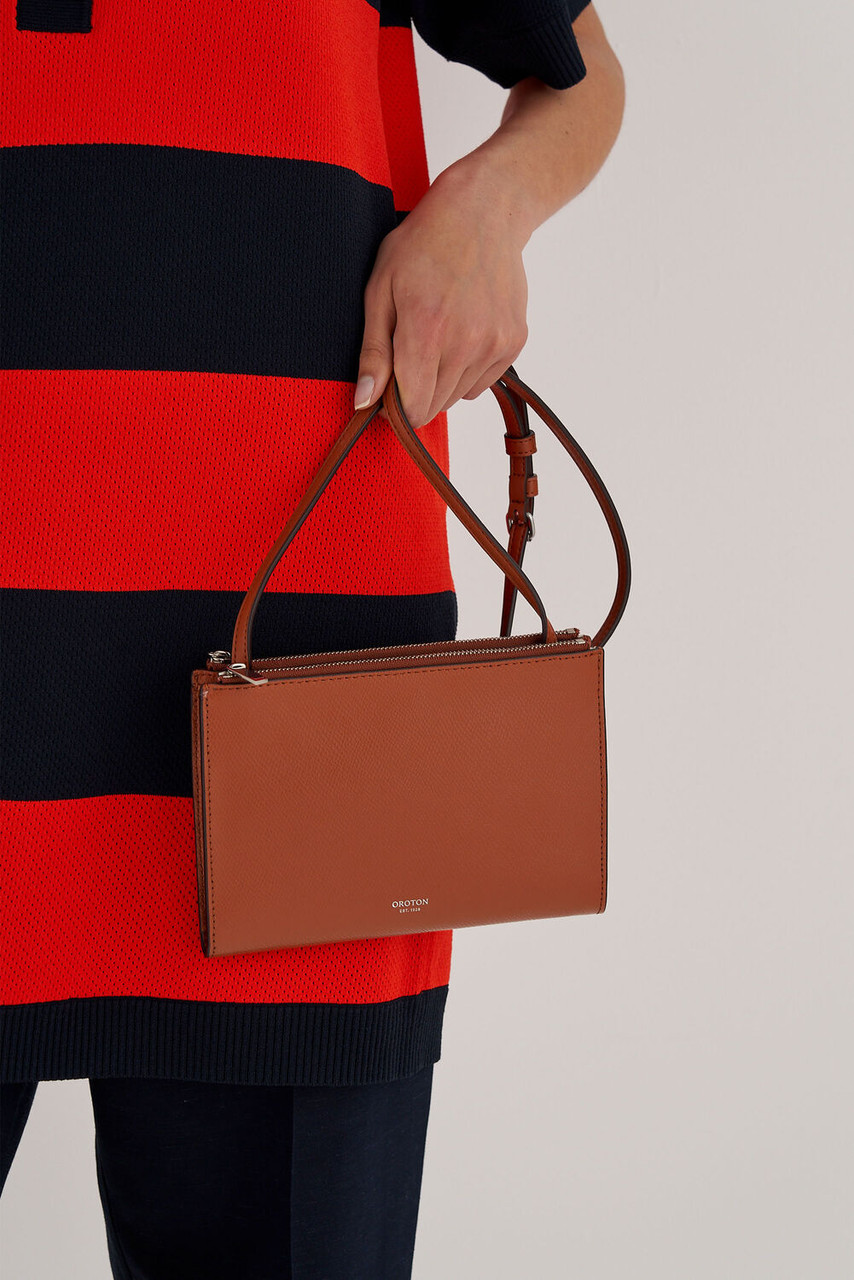Oroton Muse Cognac Double Zip Crossbody Bag
