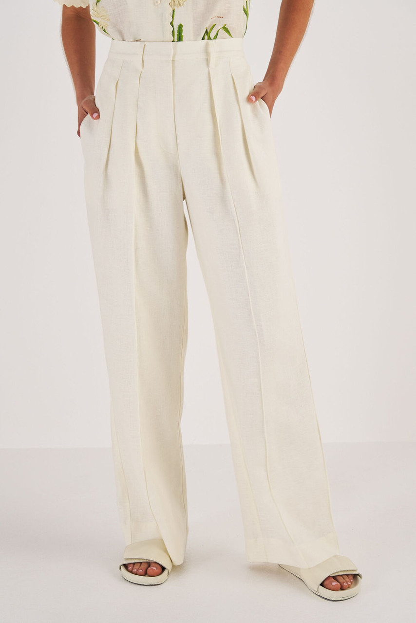 Oroton High Waist Pleat Pant Soft Cream