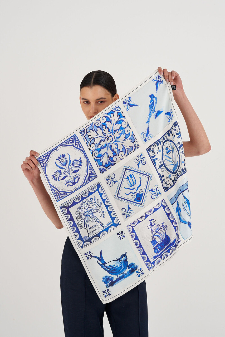 Oroton Tile Print Silk Scarf Sea Glass