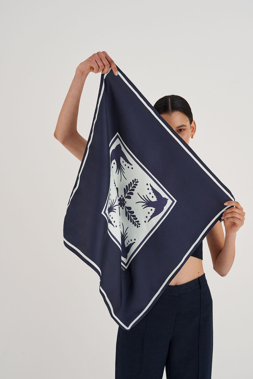 Oroton Bird Tile Silk Scarf North Sea