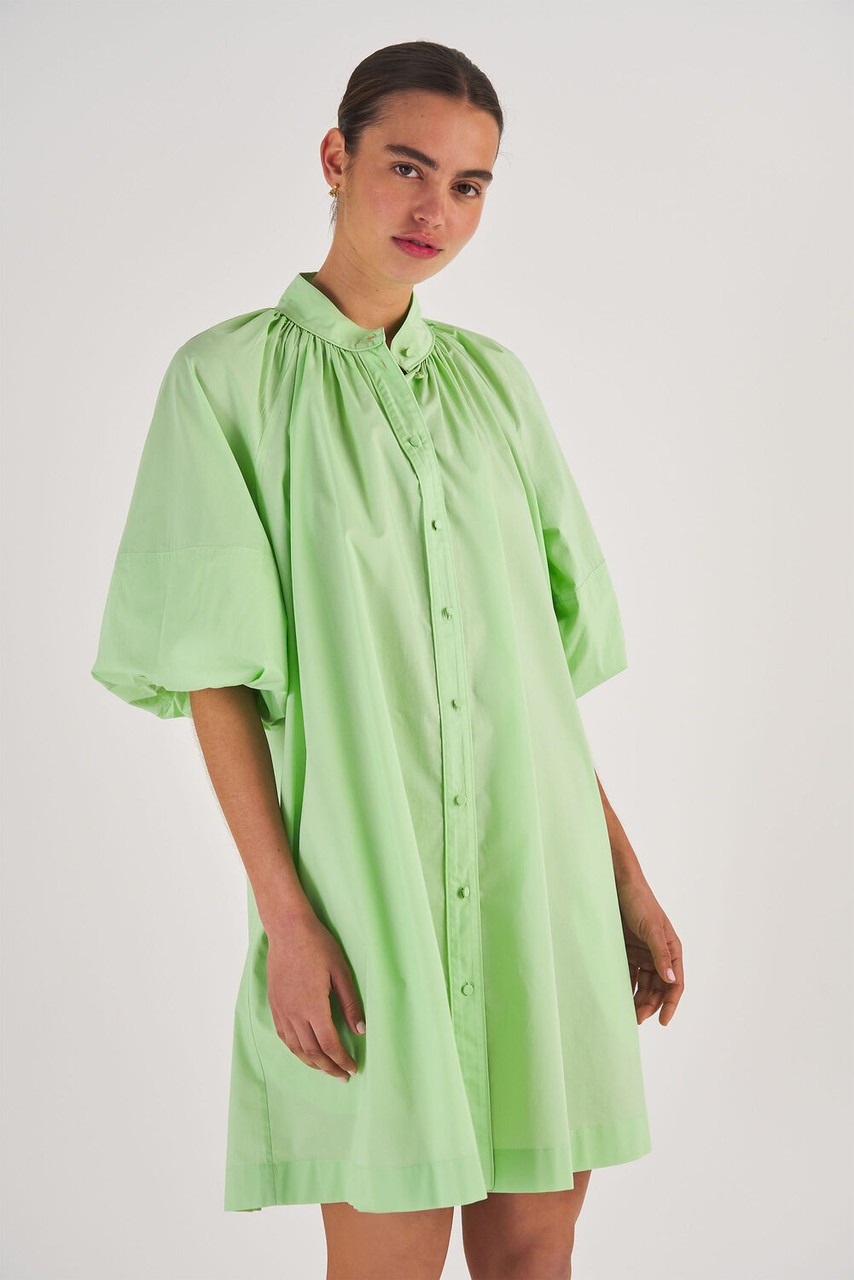 Oroton Long Sleeve Gathered Shirt Dress Pear