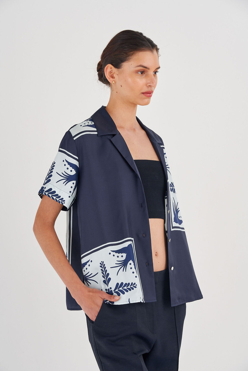 Oroton Scarf Print Camp Shirt North Sea