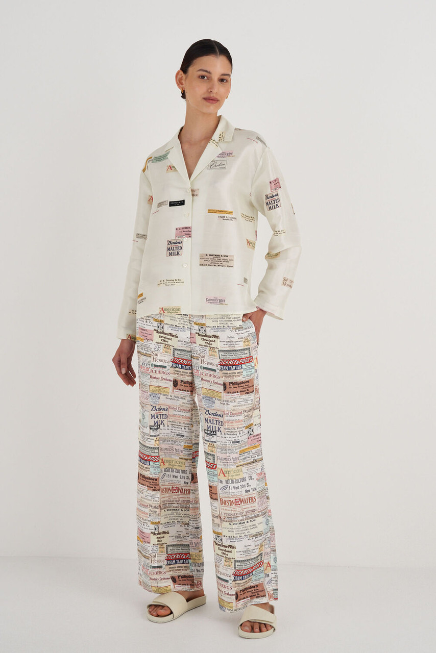 Oroton Long Sleeve Spaced Label Print Camp Shirt Soft Cream