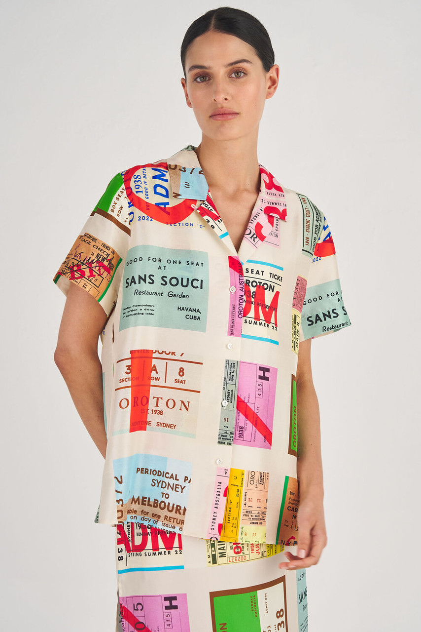 Oroton Ticket Print Camp Shirt Fuchsia