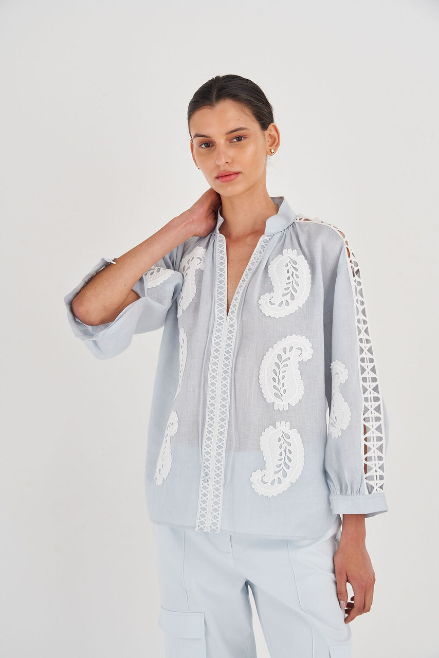 Oroton Paisley Lace Detail Shirt Sea Glass