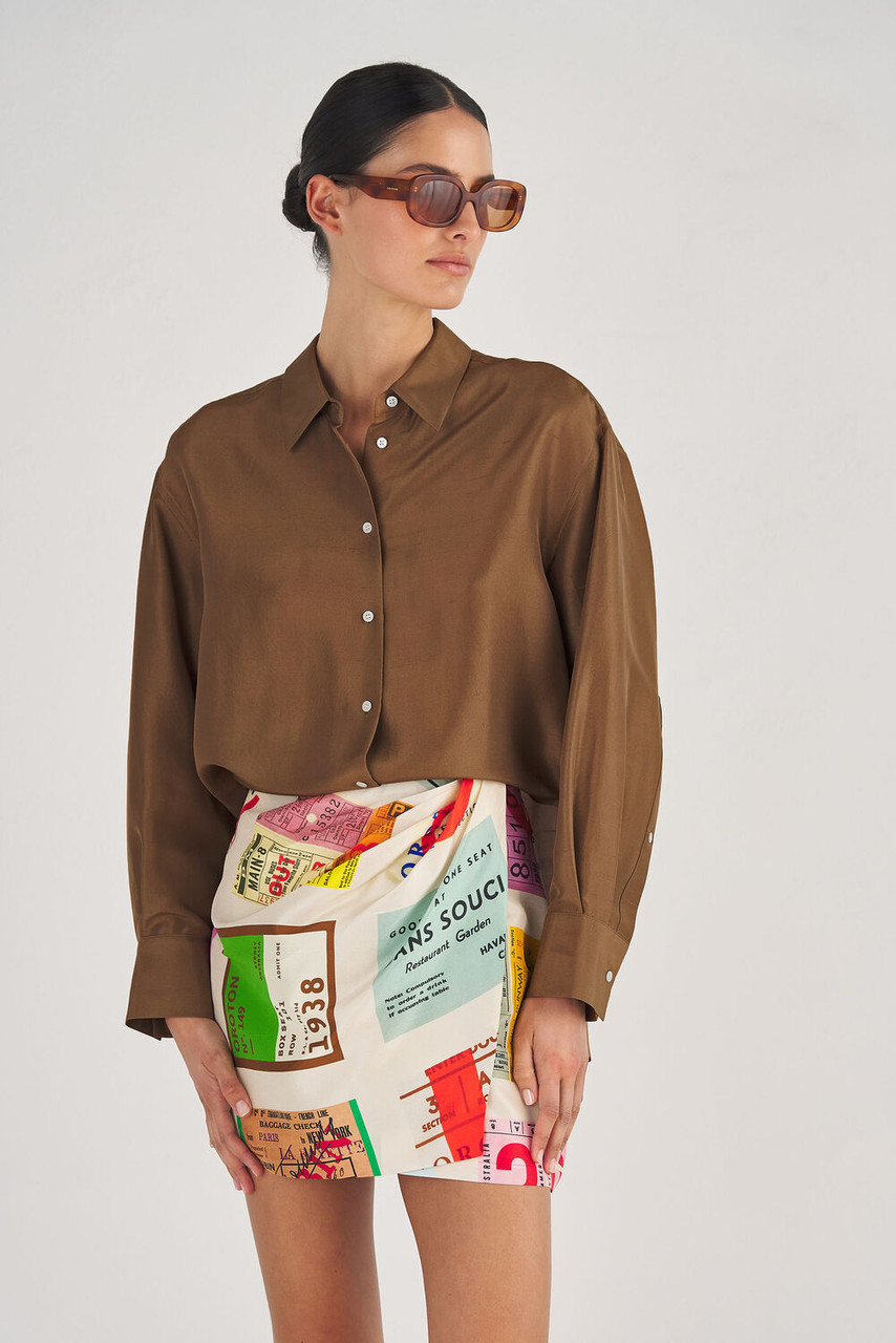 Oroton Silk Long Sleeve Shirt Dark Chocolate