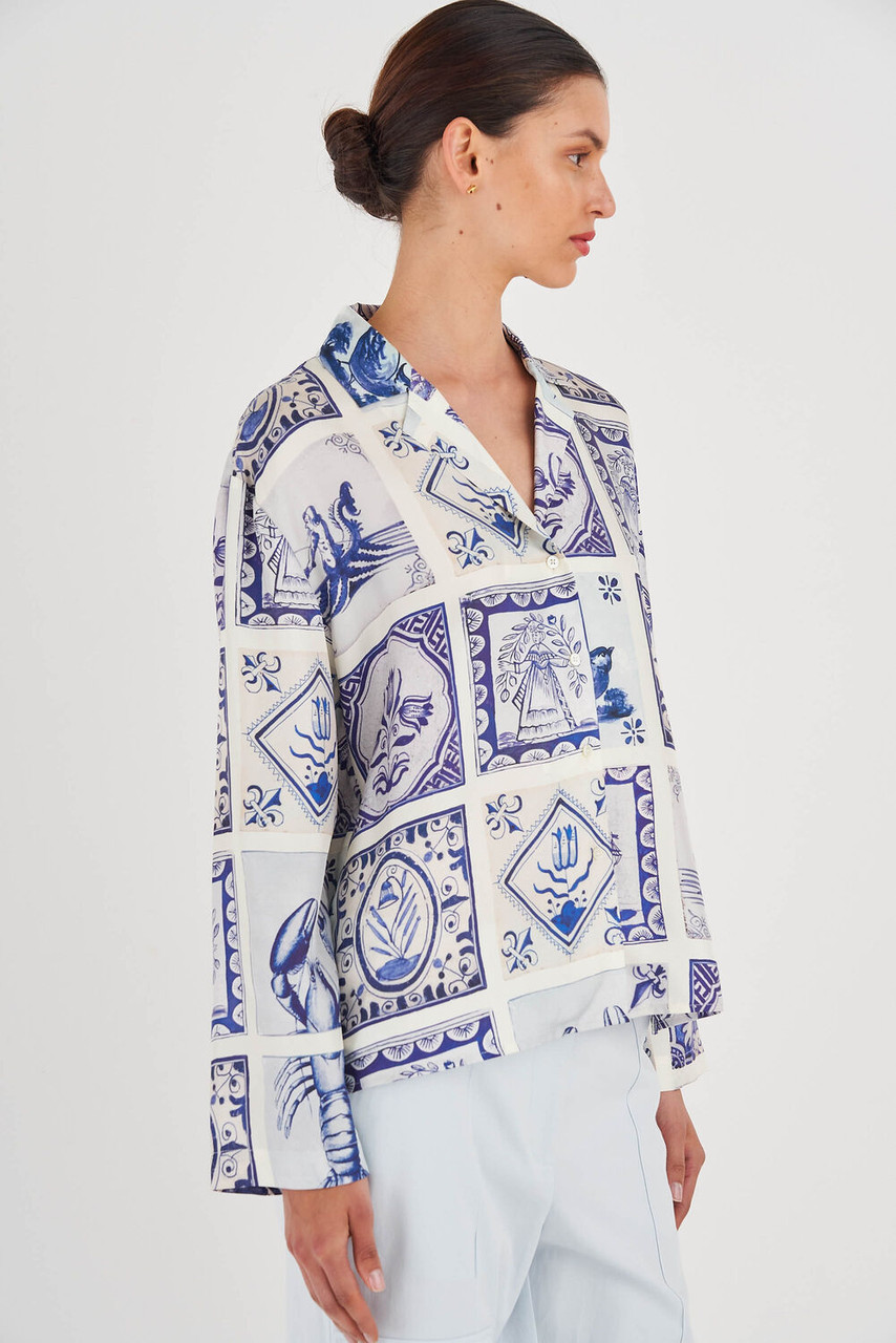 Oroton Tile Print Long Sleeve Shirt Sea Glass