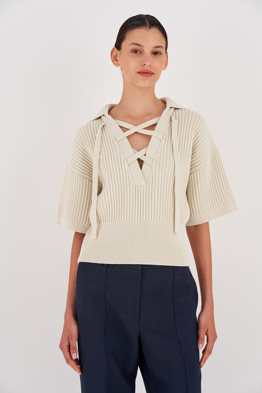 Oroton Short Sleeve Rib Knit Vanilla Bean