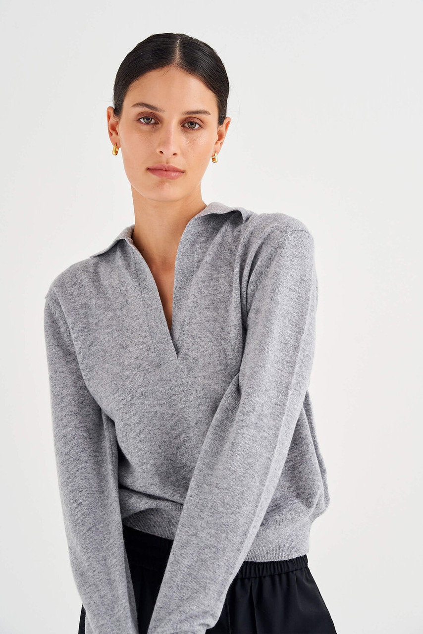Oroton Relaxed Polo Top Light Grey Melange