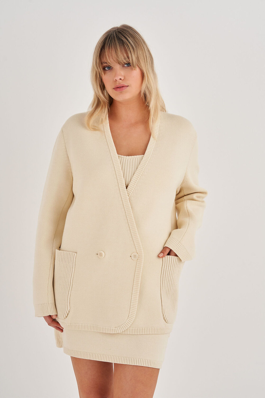 Oroton Double Breasted Knit Blazer Vanilla Bean