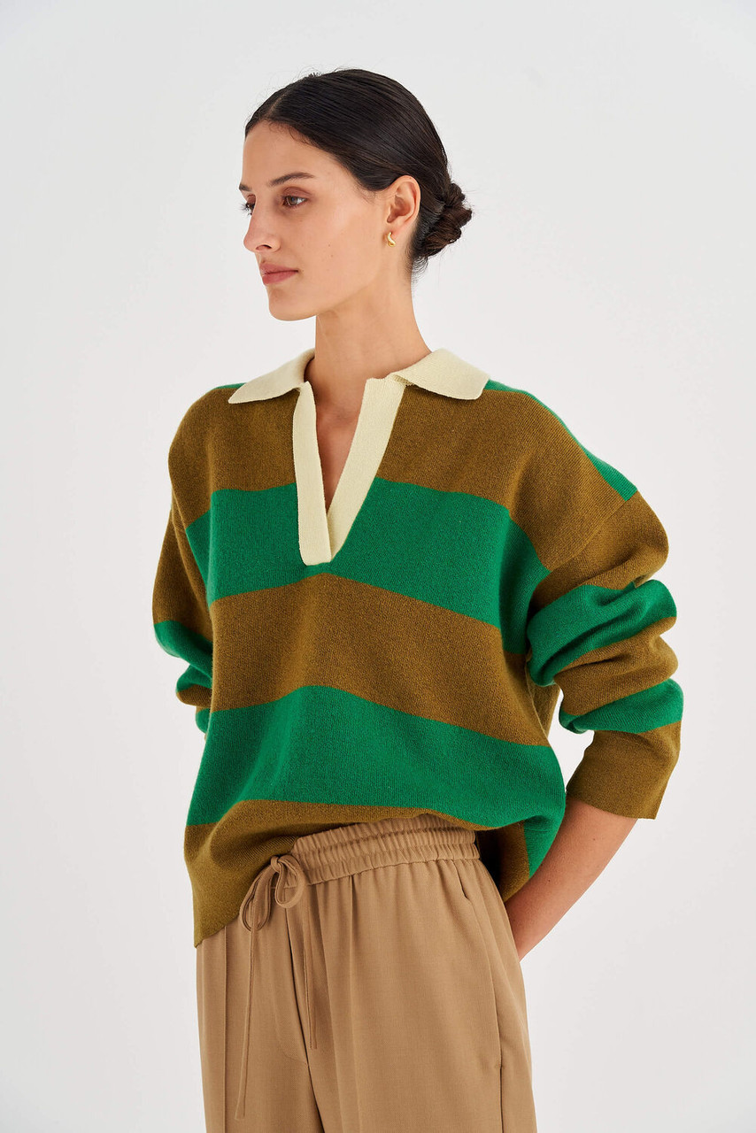 Oroton Stripe Rugby Knit Deep Olive