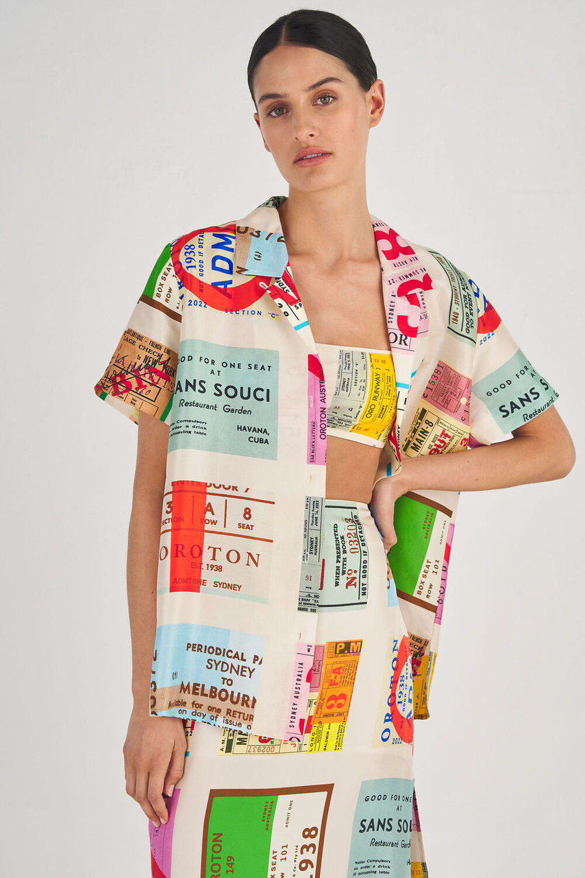 Oroton Ticket Print Camp Shirt Fuchsia