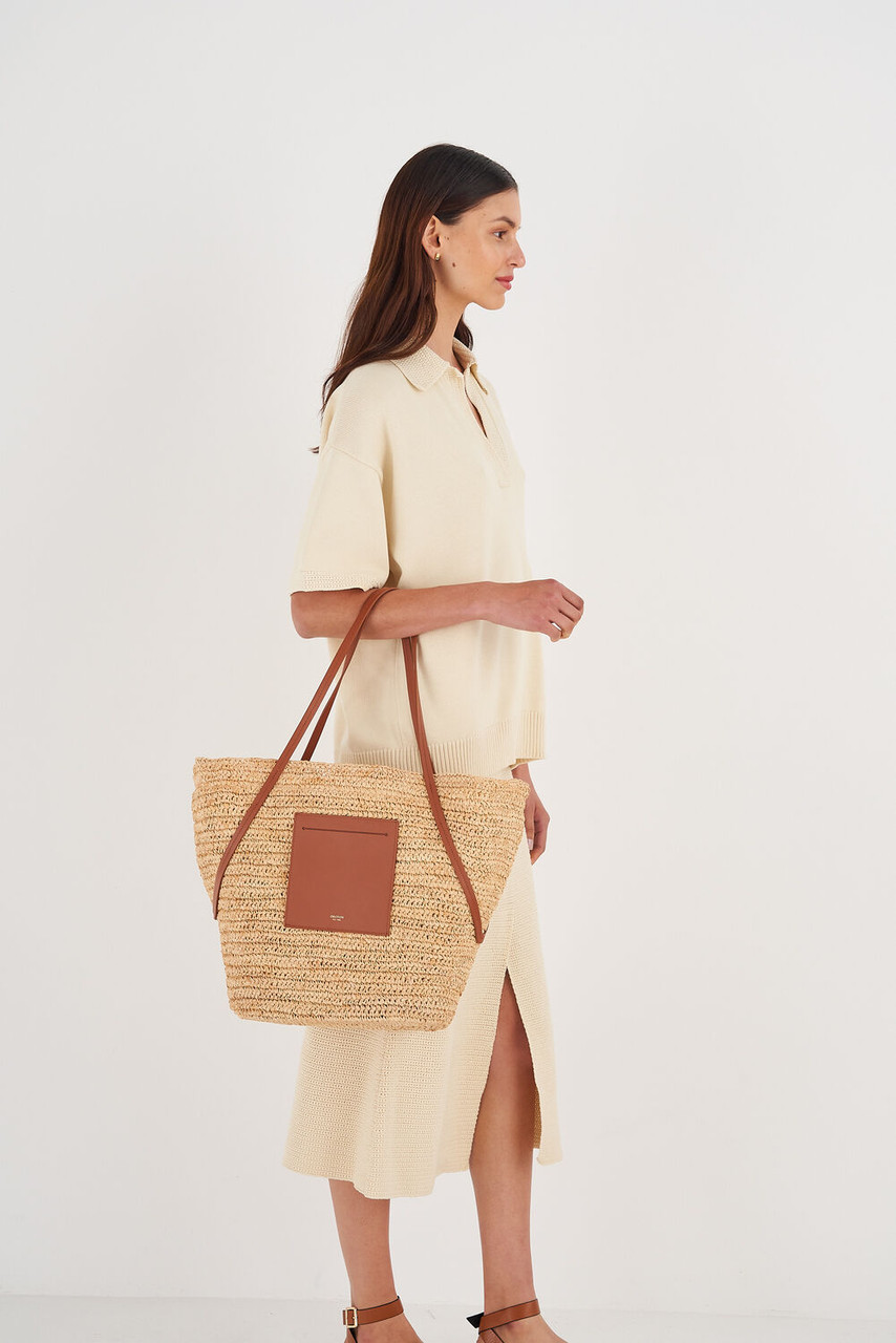 Oroton Jensen Natural-Brandy Straw Tote