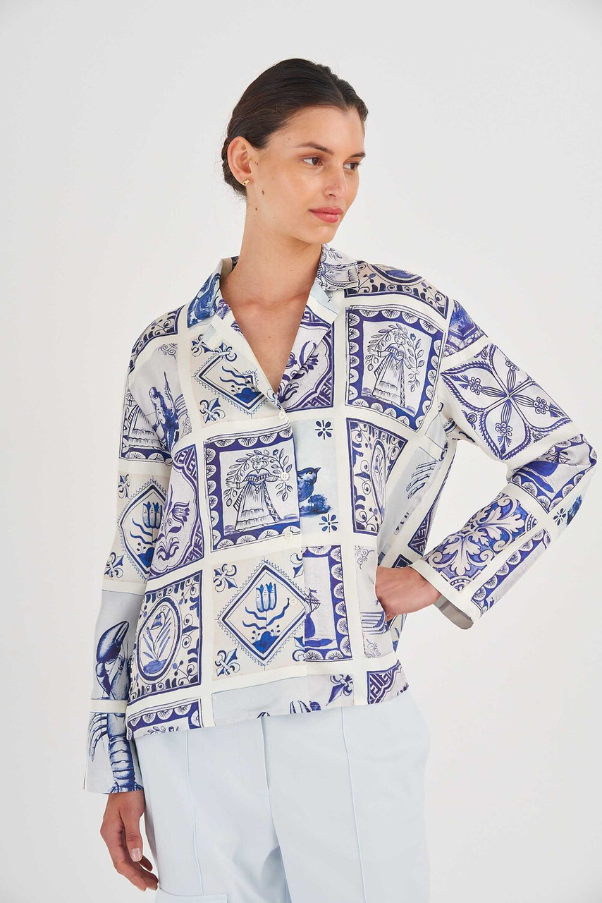 Oroton Tile Print Long Sleeve Shirt Sea Glass