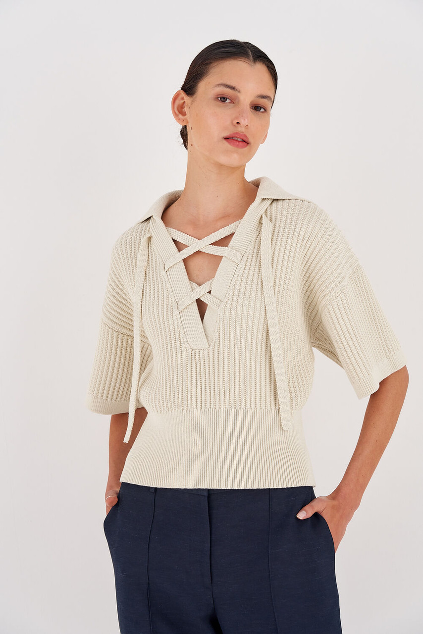 Oroton Short Sleeve Rib Knit Vanilla Bean