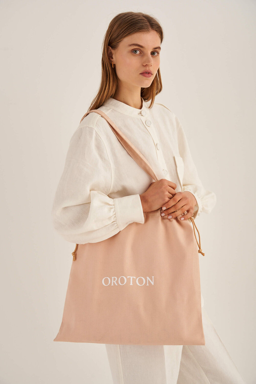 Oroton Logo Straw Canvas Drawstring Tote Bag