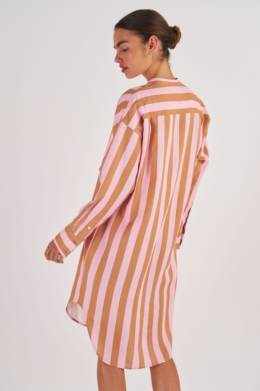 Oroton Long Sleeve Stripe Shirt Dress Brandy