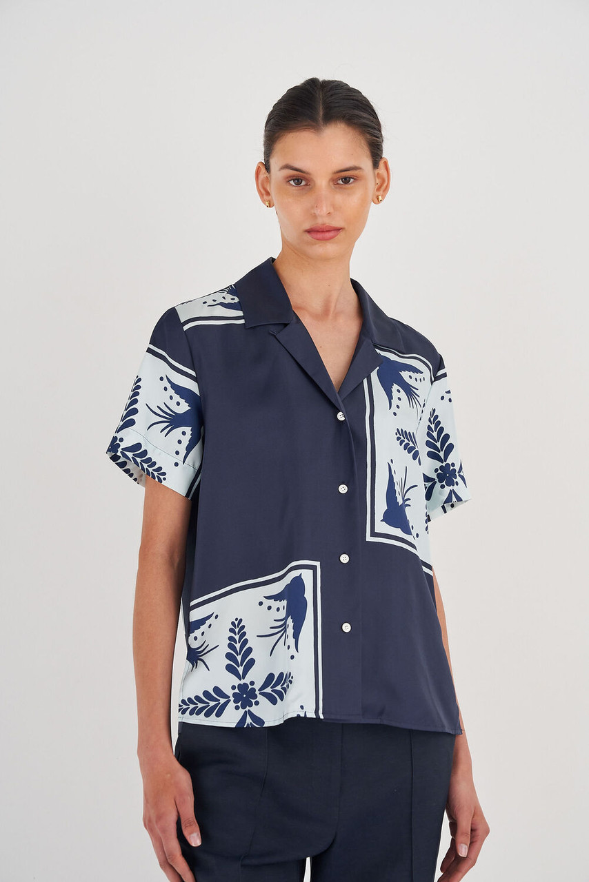 Oroton Scarf Print Camp Shirt North Sea