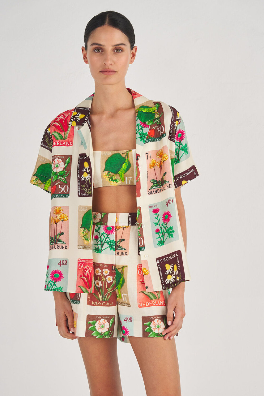 Oroton Flower Stamp Print Camp Shirt String