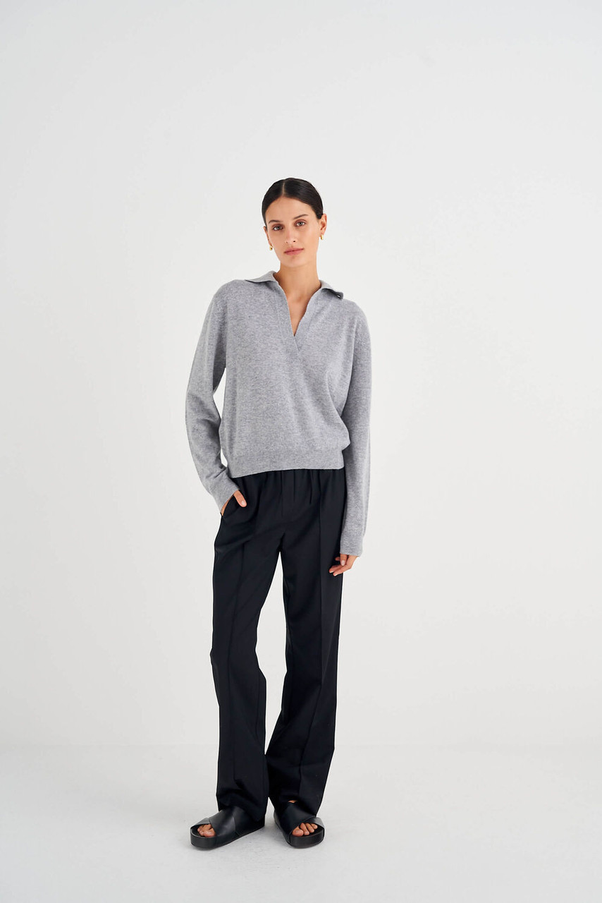 Oroton Relaxed Polo Top Light Grey Melange