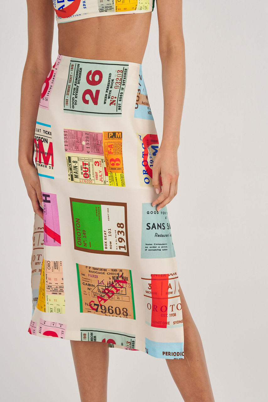 Oroton Ticket Print A Line Skirt Fuchsia